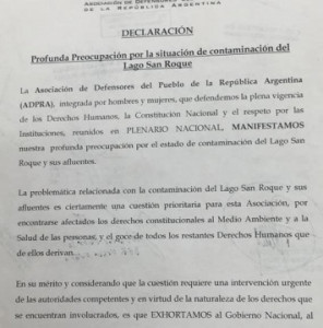 PEDIDO DE DEFENSORES POR EL SANEAMIENTO DEL LAGO SAN ROQUE