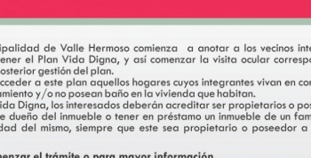 Nueva convocatoria para el Plan Vida Digna en Valle Hermoso